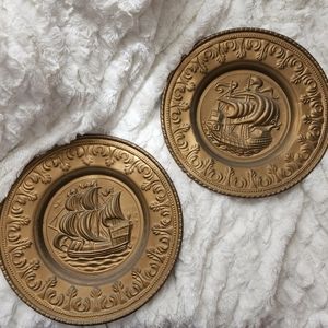 2 Vintage Gold Ship Plates